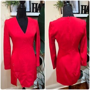 Mugler Metal Rings V-Neck Long Sleeve Red Dress 40/US 8.